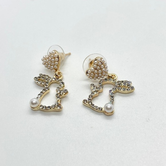 New with Defect Pearl and Rhinestone Dangle Easter Bunny Rabbit Earring Pair - Picture 5 of 10